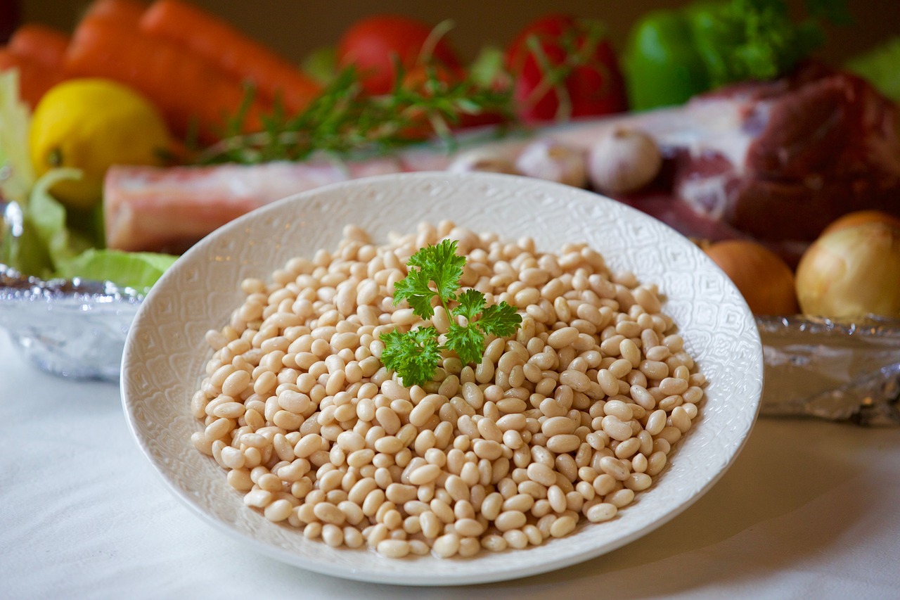 a bowl full of uncooked white kidney beans